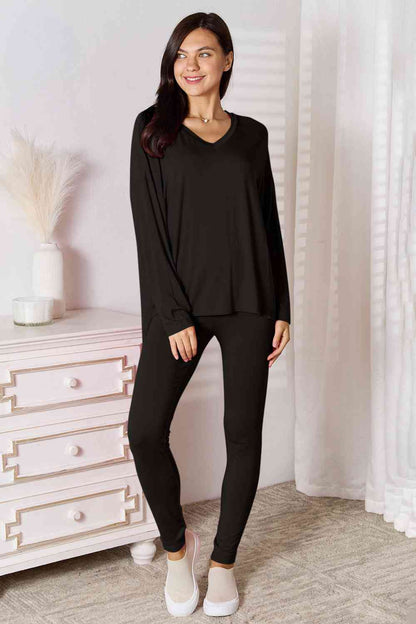 Basic Bae Full Size V-Neck Soft Rayon Long Sleeve Top and Pants Lounge Set Black Lounge Set