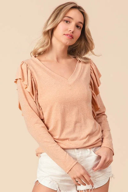 BiBi Triblend V Neck Top with Shoulder Shrring Detail - Shop Style & More | Fresh Looks, Everyday Deals & Free Shipping