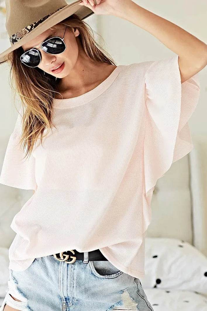 BiBi Thermal Knit with Ruffled Sleeve Top - Shop Style & More | Fresh Looks, Everyday Deals & Free Shipping