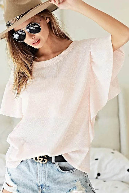 BiBi Thermal Knit with Ruffled Sleeve Top - Shop Style & More | Fresh Looks, Everyday Deals & Free Shipping