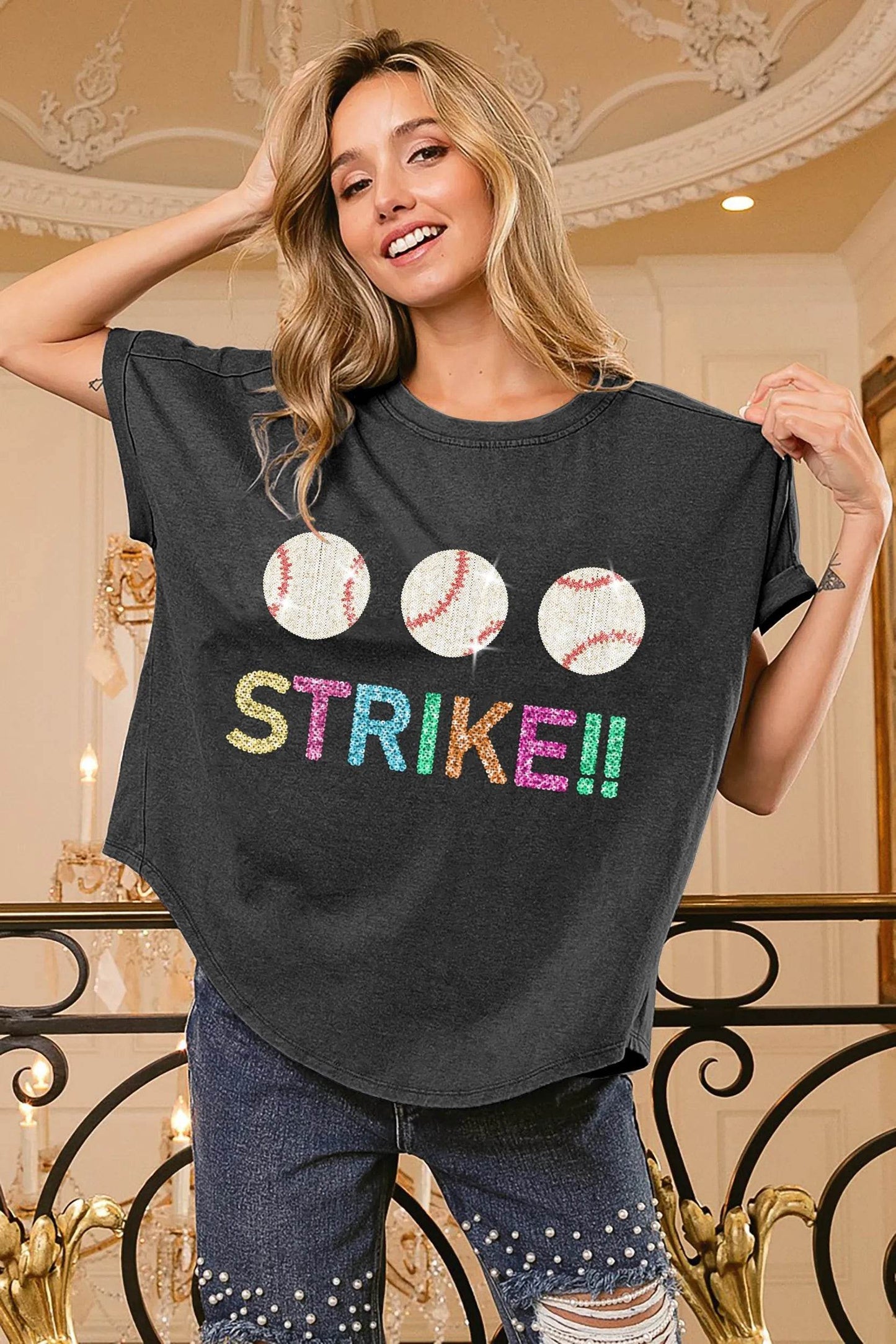 BiBi Sequin Baseballs Strike Washed Short Sleeve Top - Shop Style & More | Fresh Looks, Everyday Deals & Free Shipping