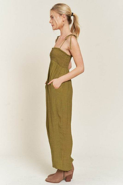 SMOCKED TIE STRAP JUMPSUIT - Shop Style & More | Fresh Looks, Everyday Deals & Free Shipping
