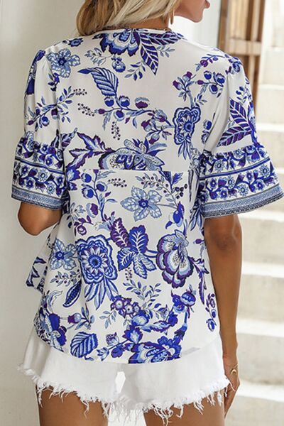 Perfee Printed Flounce Sleeve Blouse - Stylish Buttoned Design Blouses