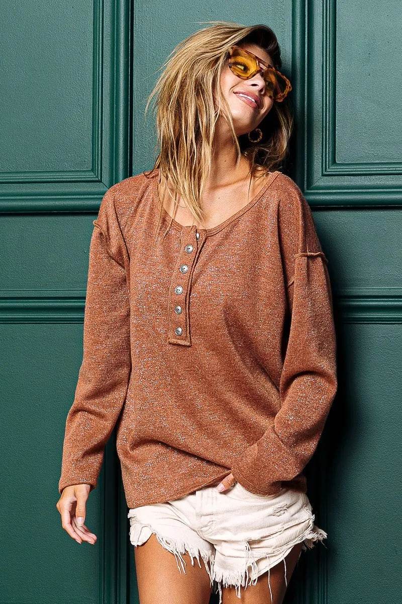 BiBi Mink Lurex Stitched Button Detail Top - Shop Style & More | Fresh Looks, Everyday Deals & Free Shipping