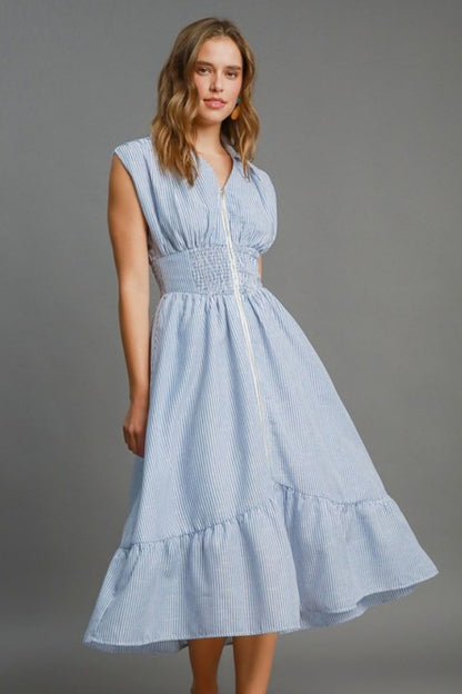 Umgee Full Size Striped Midi Dress with Smocked Waist Plus Size Light Blue Casual Dresses