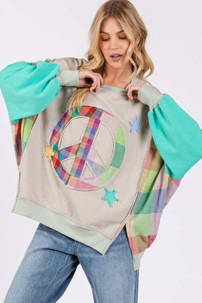 SAGE + FIG Contrast Peace Patch Dropped Shoulder Sweatshirt Hoodies & Sweaters