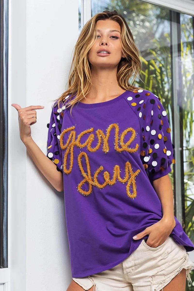BiBi Game Day Metallic Letter Spangle Sleeve Top - Shop Style & More | Fresh Looks, Everyday Deals & Free Shipping