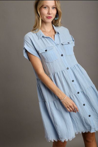 Umgee Frayed Hemline Button Down Shirt Dress Casual Dresses