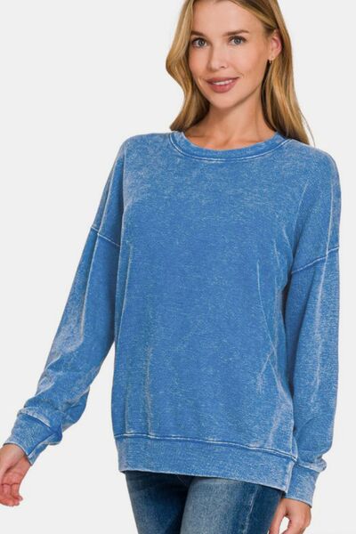 Zenana Washed Round Neck Dropped Shoulder Sweatshirt Blue Hoodies & Sweaters