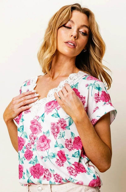 BiBi Rose Printed Poly Span with Crochet Lace Top - Shop Style & More | Fresh Looks, Everyday Deals & Free Shipping