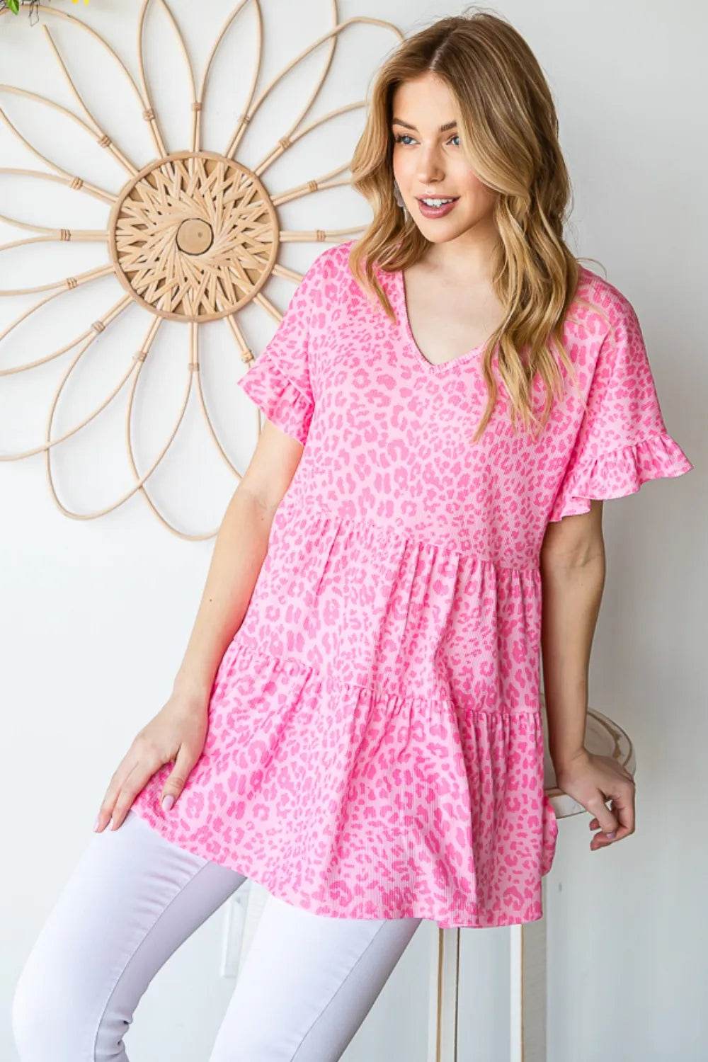 Heimish Full Size Leopard Ruffle Trim Short Sleeve Top - Shop Style & More | Fresh Looks, Everyday Deals & Free Shipping