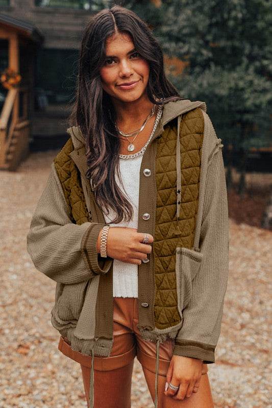 Women Textured Patchwork Loose Fit Hooded Jacket - Shop Style & More | Fresh Looks, Everyday Deals & Free Shipping