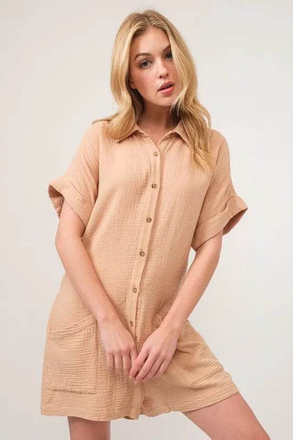 And The Why Washed Gauze Roll-up Sleeve Comfort Utility Romper - Shop Style & More | Fresh Looks, Everyday Deals & Free Shipping