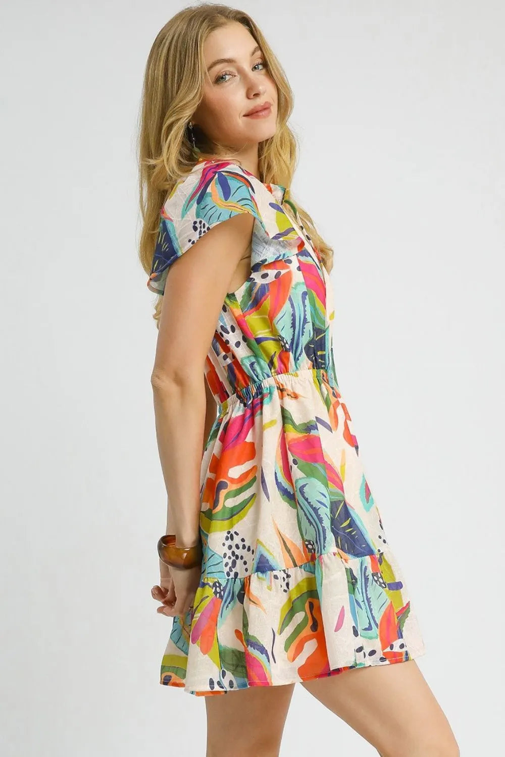 Umgee Printed Tie Neck Ruffled Hem Dress Dresses - Casual Dresses