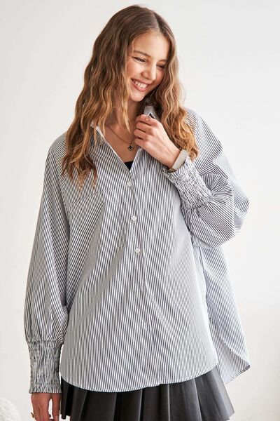 ADORA High-Low Striped Button Down Smocked Lantern Sleeve Shirt Gray Blouses