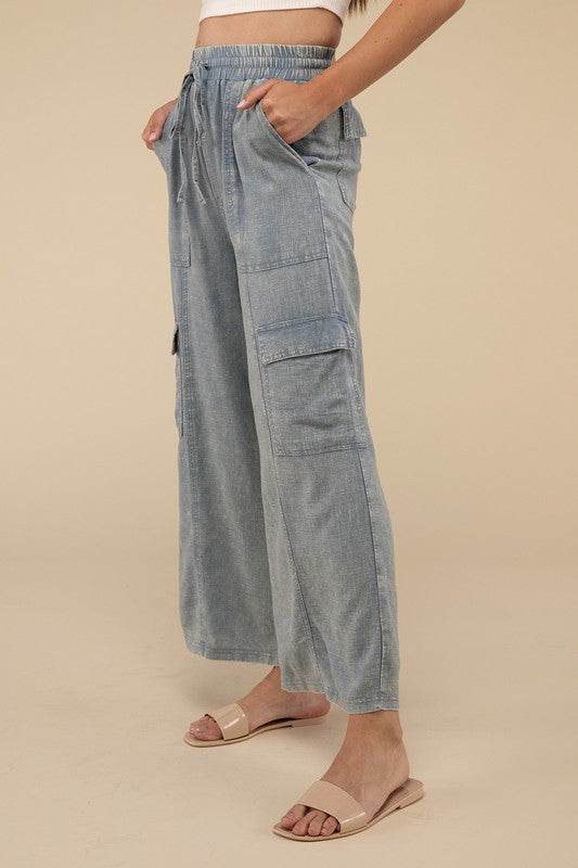 Washed Linen Elastic Band Waist Cargo Pants - Shop Style & More | Fresh Looks, Everyday Deals & Free Shipping