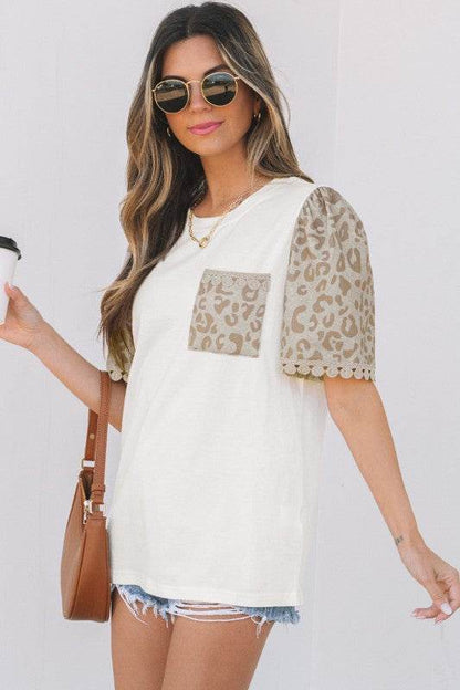 Leona Leopard Lace Trim Puff Sleeve Top - Shop Style & More | Fresh Looks, Everyday Deals & Free Shipping
