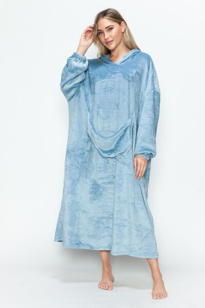 Double Take Full Size Pocketed Hooded Midi Lounge Dress Sleepwear