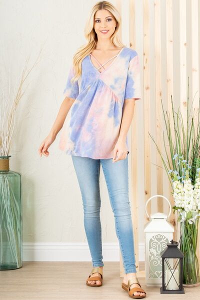 Heimish Full Size Crisscross Tie Dye Babydoll Top Plus Size Blouses