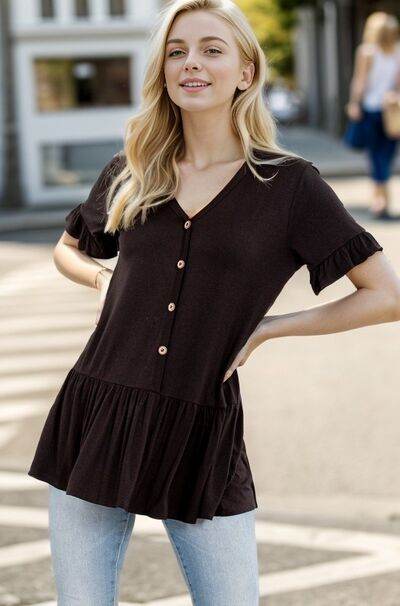 Heimish Full Size Ruffled V-Neck Short Sleeve Blouse Plus Size - Shop Style & More | Fresh Looks, Everyday Deals & Free Shipping