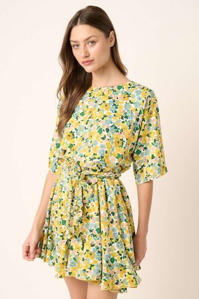 Mittoshop Floral Tie Waist Half Sleeve Mini Dress Yellow Combo Casual Dresses