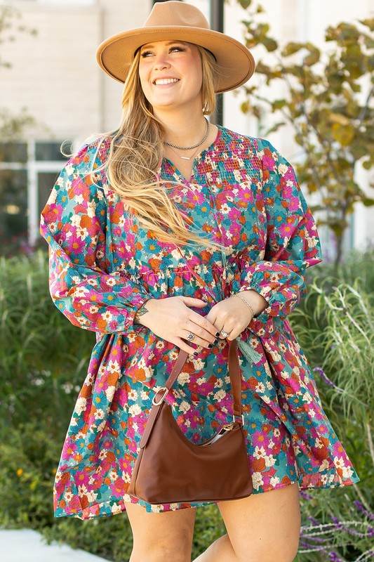 Plus Size Floral Print Shirred Ruffle Mini Dress - Shop Style & More | Fresh Looks, Everyday Deals & Free Shipping