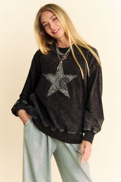 Davi & Dani Stud Star Patch Acid Washed Sweatshirt Black Hoodies & Sweaters