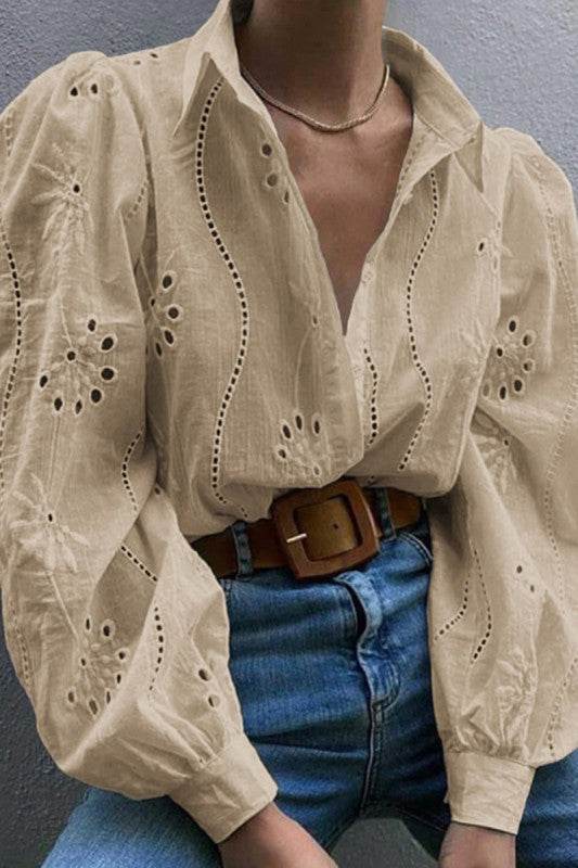 Hollow Out Solid Button Puff Sleeves Blouse - Shop Style & More | Fresh Looks, Everyday Deals & Free Shipping