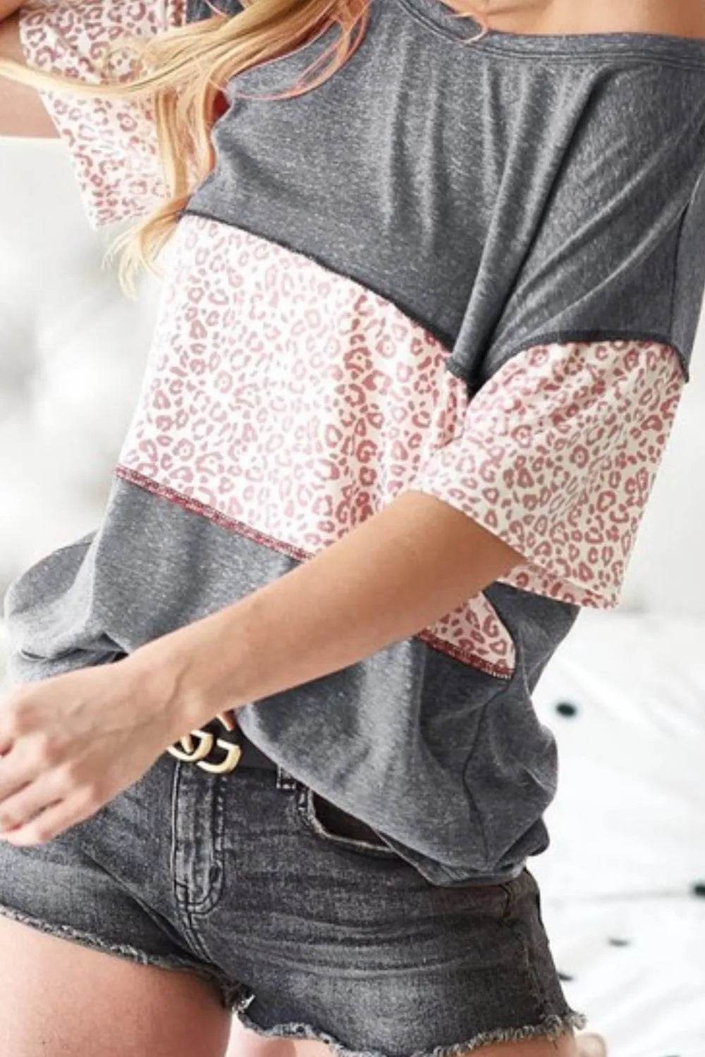 BiBi Triblend Knit with Leopard Block Out Stitching - Shop Style & More | Fresh Looks, Everyday Deals & Free Shipping