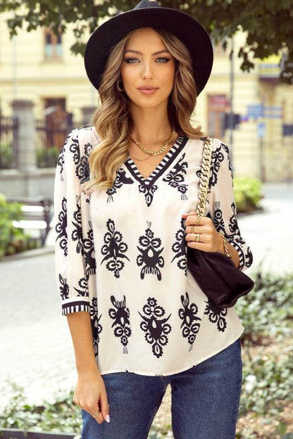 Vintage Geometric Printed V Neck Blouse - Shop Style & More | Fresh Looks, Everyday Deals & Free Shipping