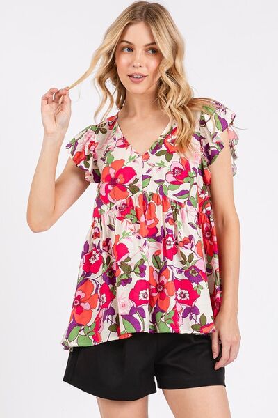 Mittoshop Floral V-Neck Ruffled Cap Sleeve Blouse Red Blouses