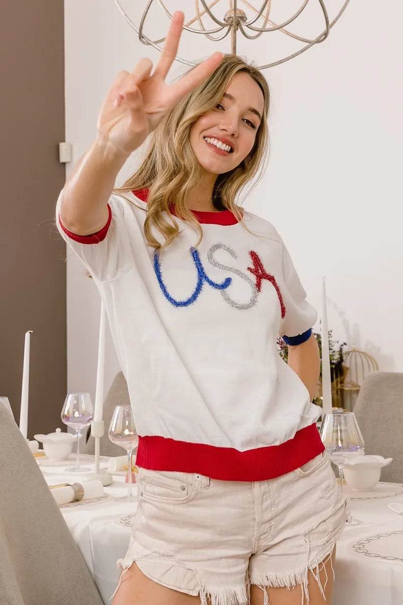 BiBi USA Metallic Letter Color Block Knit Top - Shop Style & More | Fresh Looks, Everyday Deals & Free Shipping