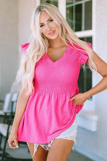 Aleah Smocked Ruffle Flutter Sleeve Peplum Blouse - Shop Style & More | Fresh Looks, Everyday Deals & Free Shipping