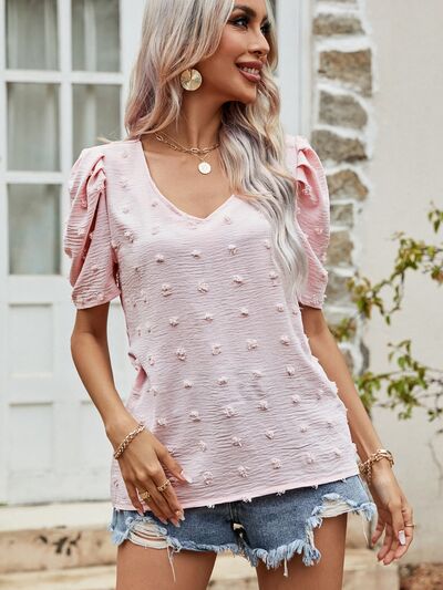 Swiss Dot Puff Sleeve Top - Short Puff Sleeve Design Blouses