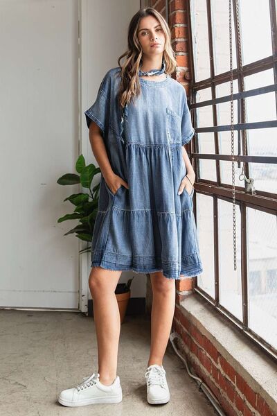 Mittoshop Washed Chambray Denim Oversized Tier Mini Dress Casual Dresses