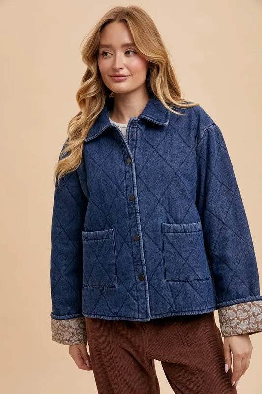 Annie Wear Quilted Printed Lining Snap Down Denim Jacket - Shop Style & More | Fresh Looks, Everyday Deals & Free Shipping