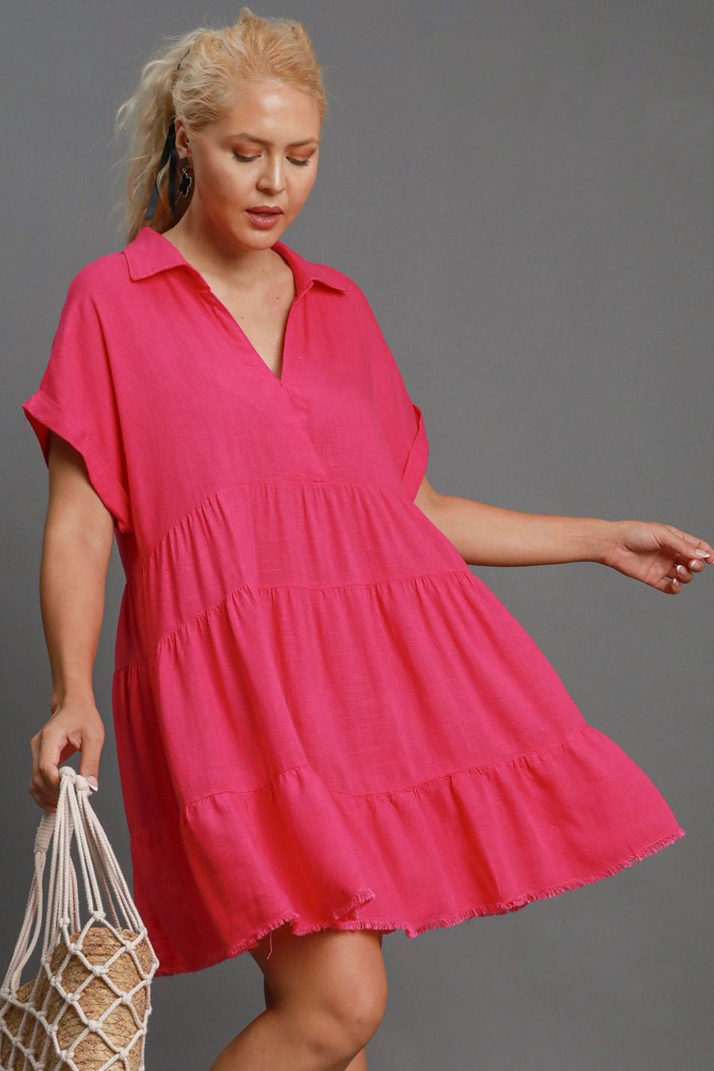 Umgee Full Size Raw Hem Folded Sleeve Tiered Dress Plus Size Casual Dresses