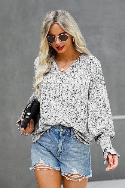 V Neck Dalmatian Print Bishop Sleeve Blouse - Shop Style & More | Fresh Looks, Everyday Deals & Free Shipping