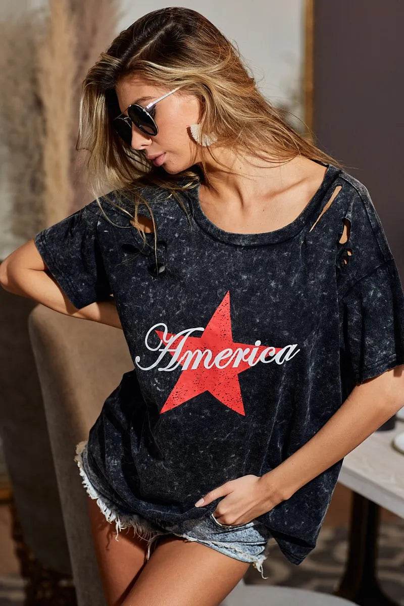 BiBi Laser Cut Mineral Washed Jersey Top with America - Shop Style & More | Fresh Looks, Everyday Deals & Free Shipping