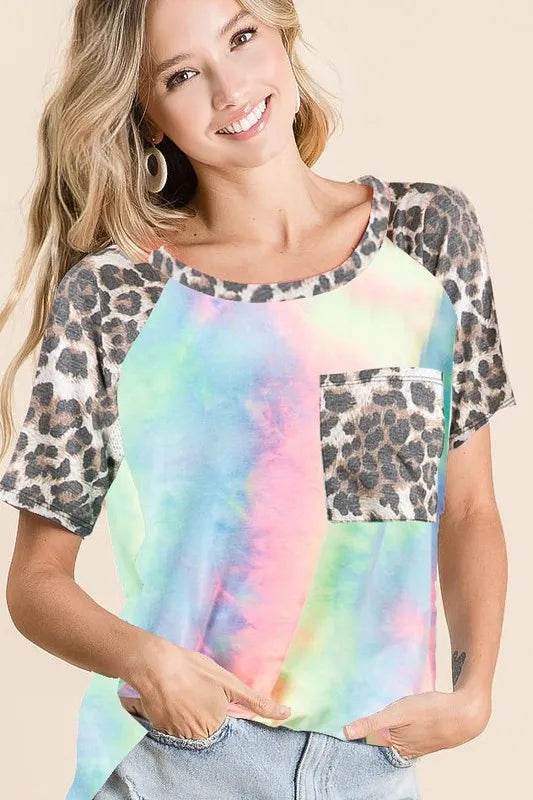 BiBi Tie Dye Knit Top with Leopard Raglan Sleeves - Shop Style & More | Fresh Looks, Everyday Deals & Free Shipping