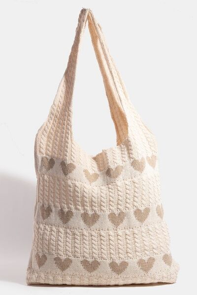 Fame Contrast Heart Crochet Tote Bag Khaki One Size Bags