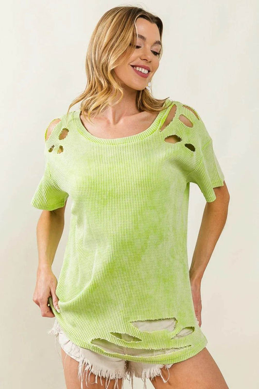 BiBi Laser Cut Mineral Washed Loose Fit Thermal Top - Shop Style & More | Fresh Looks, Everyday Deals & Free Shipping