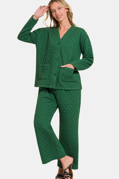 Zenana Quilted Button Up Long Sleeve Top and Pants Lounge Set Dark Green Lounge Set