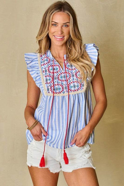 Ariya Stripe Geo Pattern Embroidered Tassel Flutte - Shop Style & More | Fresh Looks, Everyday Deals & Free Shipping