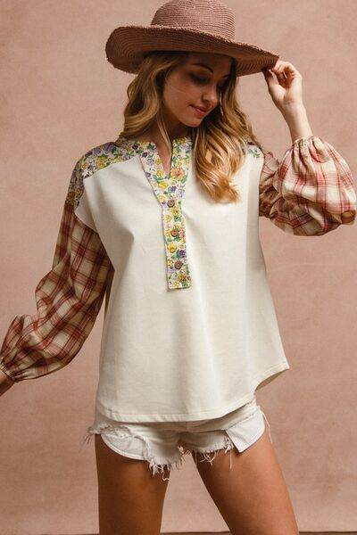 BiBi Floral Notched Plaid Balloon Sleeve Top - Shop Style & More | Fresh Looks, Everyday Deals & Free Shipping