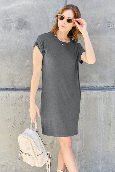 Basic Bae Full Size Round Neck Short Sleeve Dress with Pockets Gray Casual Dresses