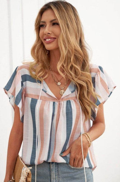 Arlette Split Neck Pleated Ruffled Short Sleeves T - Shop Style & More | Fresh Looks, Everyday Deals & Free Shipping