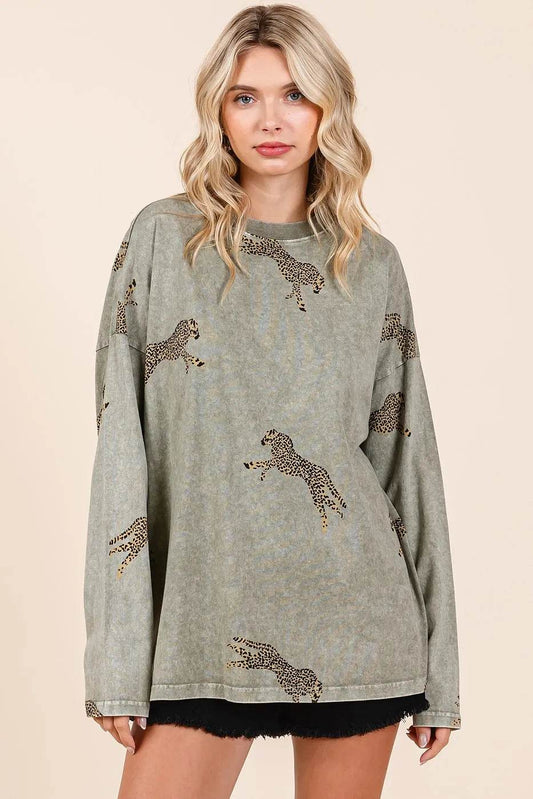 Mittoshop Mineral Wash Cheetah Print Long Sleeve Top - Shop Style & More | Fresh Looks, Everyday Deals & Free Shipping