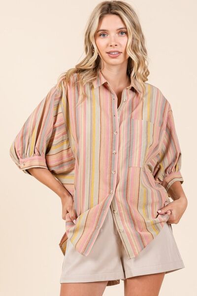 Mittoshop Striped Bubble Sleeve Button Down Shirt Blouses