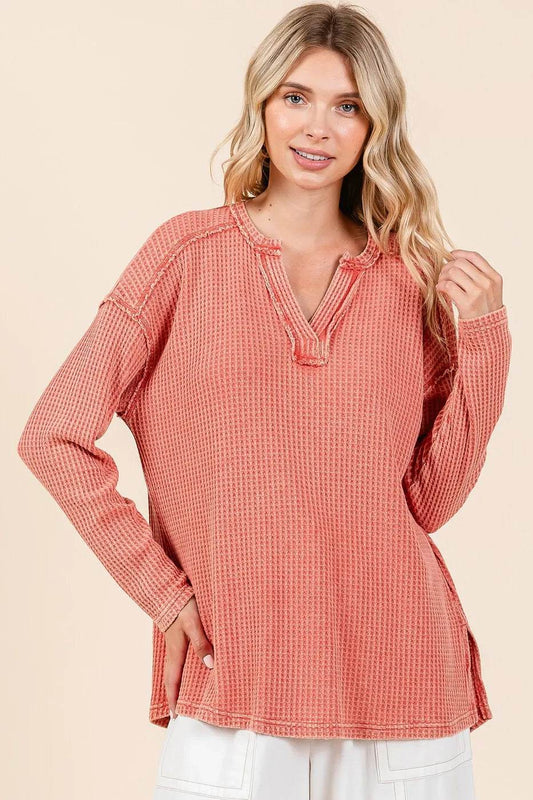 Mittoshop Mineral Wash Waffle Knit V-Neck Long Sleeve Top - Shop Style & More | Fresh Looks, Everyday Deals & Free Shipping